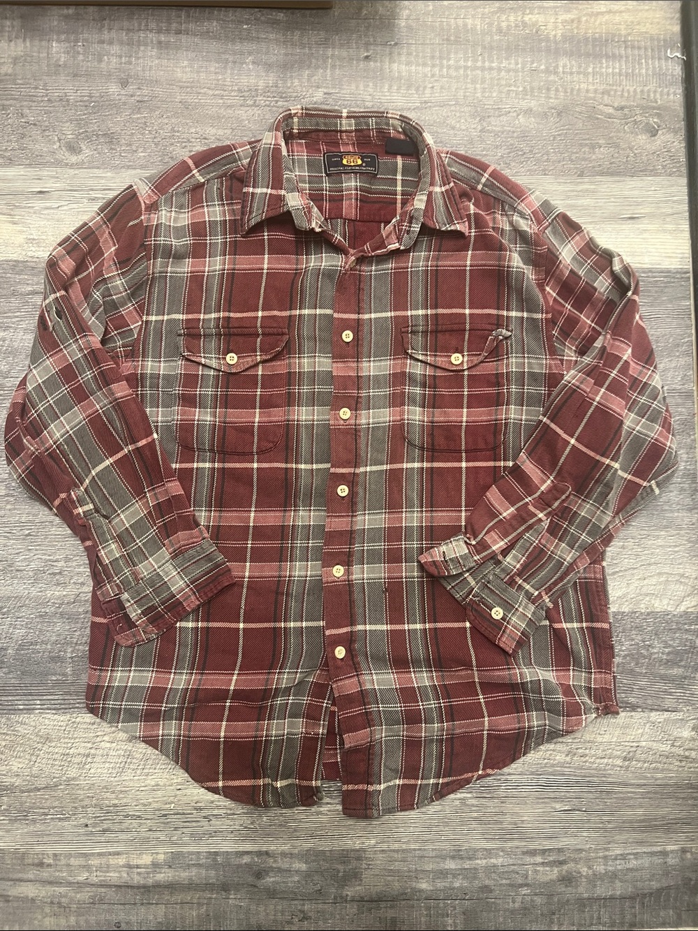 Vintage Route 66 100% Cotton Men's Plaid Button-Down Shirt - Burgundy and Gray